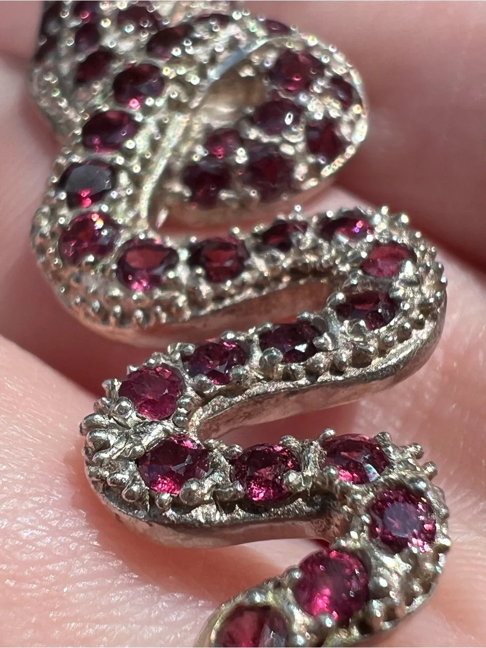 925 Sterling Silver Pave Gemstone Snake Pendant 2.5” Pink Stones